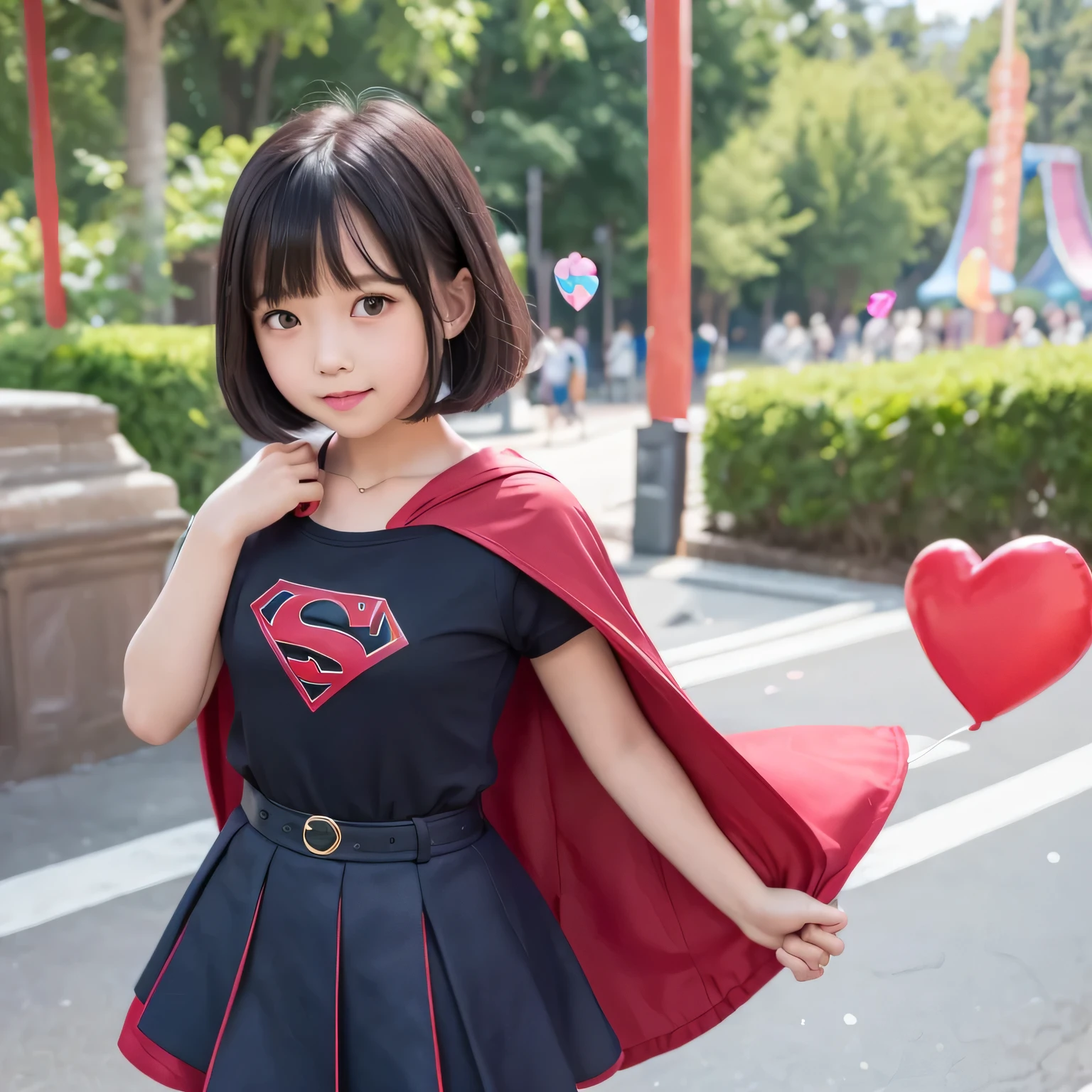 A very elementary school student is wearing Supergirl clothes..、masterpiece、highest quality、Spreading black hair、bob cut with trimmed ends、(flat chest)、con、red cloak、belly button、Glowing heart particles dance in the air、Rooftop background with pool、whole body、smile