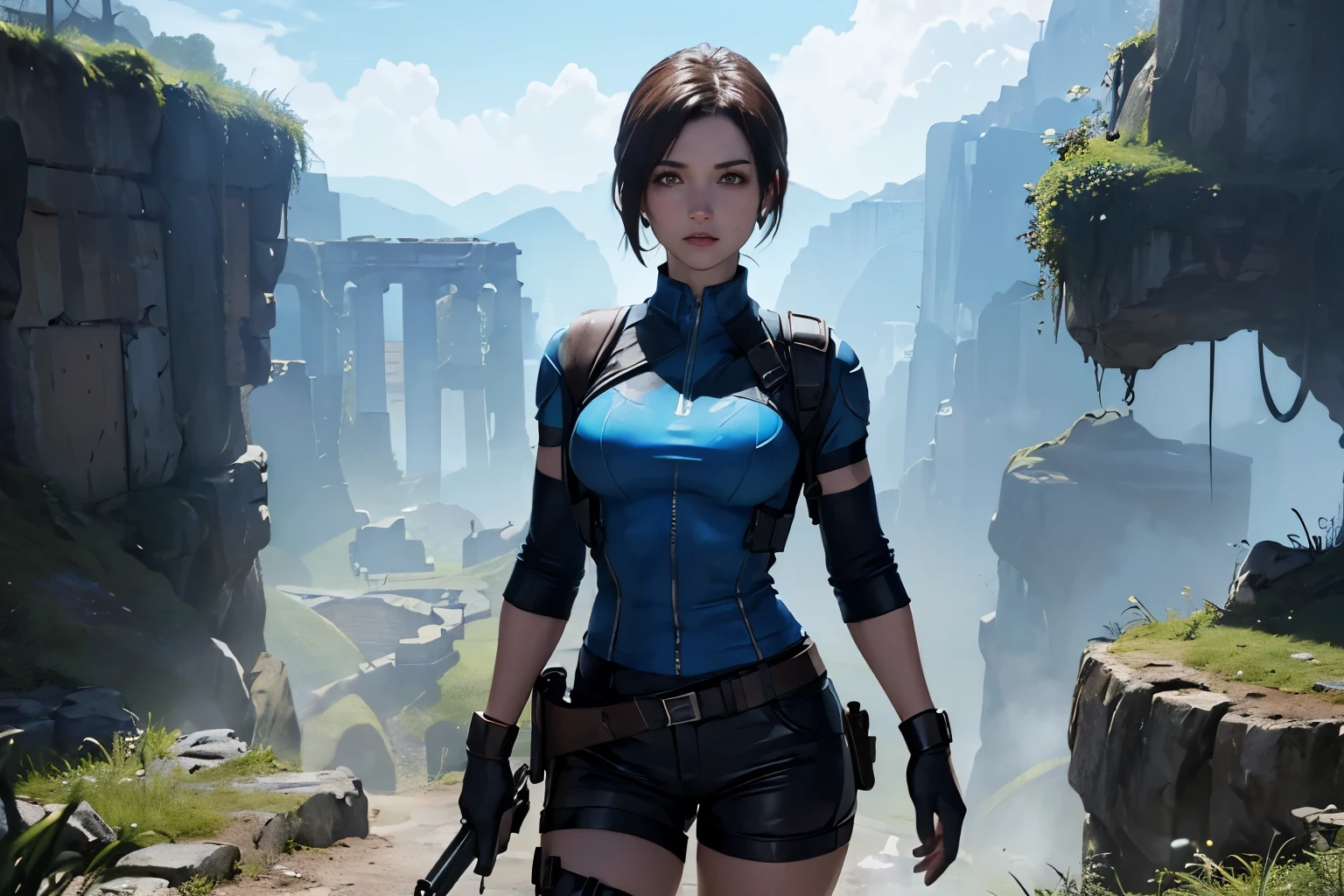(((landscape of the ancient underground kingdom))), a beautiful young explorer stood in the distance, ((wearing a jill valentine outfit))