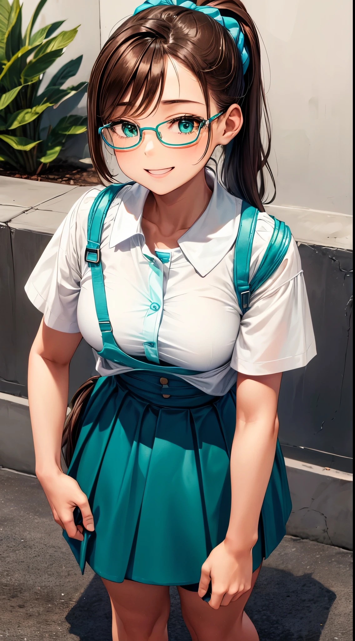1 female,12 years old,brown hair,beautiful ponytail hairstyle, (Teal high-waisted skirt:1.3),, (white shirt:1.3), (double breasted,under bust:1.2), short sleeve, button gap,natural smile,,frameless eyeglasses,