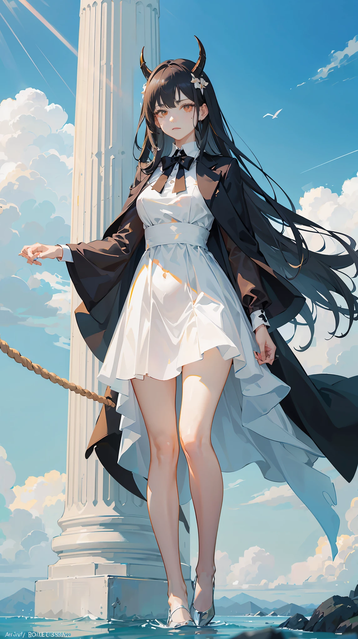 Perfect female anatomy (1Adult Female:1.3, 166cm in height, pale, slim, slender, 34D breast size, Dark Orange Eyes with beautiful details, Long Straight Black Hair, Beauty Mark Mole on right cheek bone, a set of black horns on her head), Neutral facial expression, Elegant white dress with black bow tie, blue coat knee length, gold and rope accessories, View of the open blue sky with only clouds, receiving light from the front, Ethereal glow