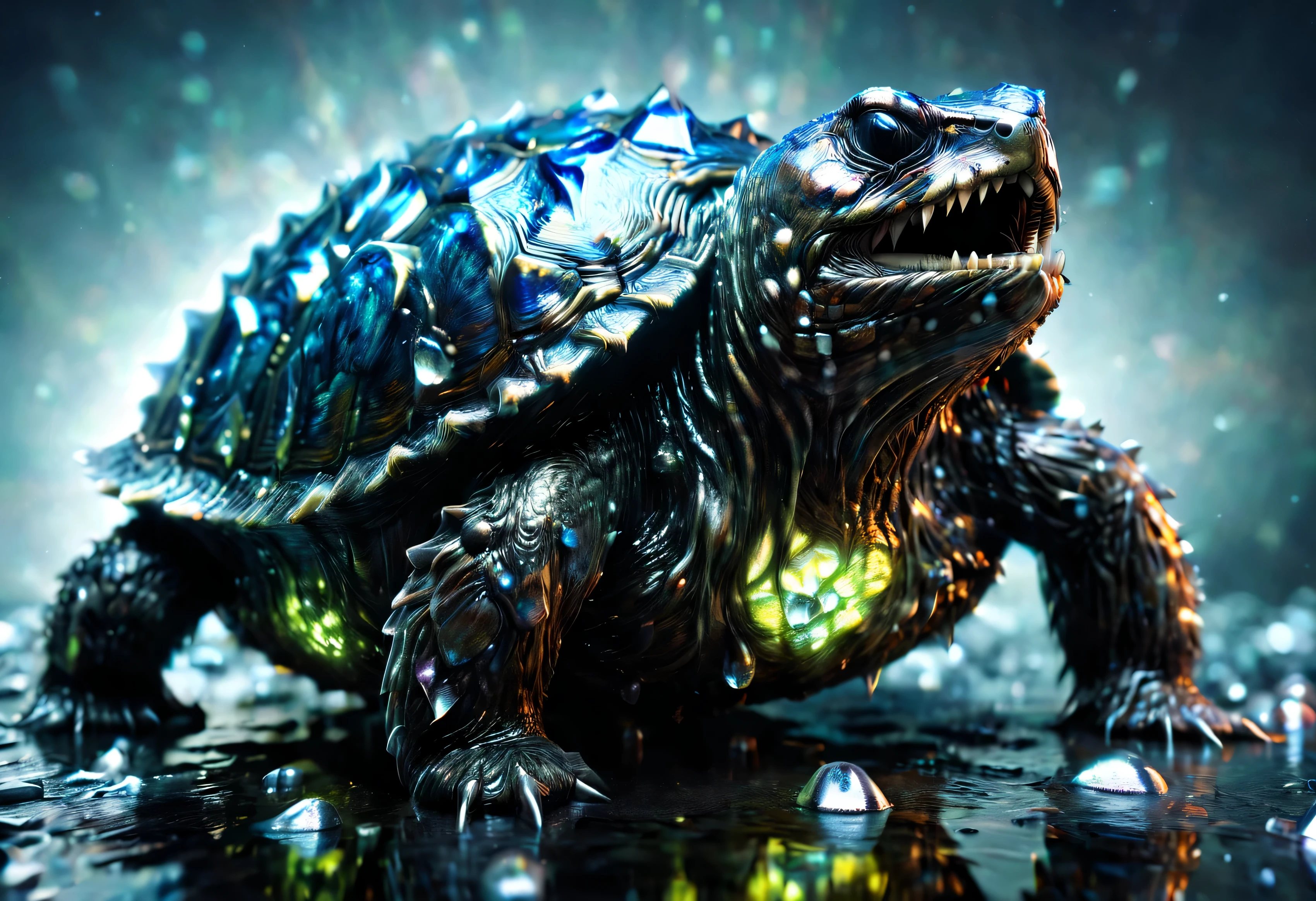 render of angry snapping-turtle with shell studded in crystals, quarter-angle Portrait of a neon-snapping turtle, reflections, official illustration, (creepy, scary) subsurface scattering portrait of a ferocious turtle with shell studded in crystals, ultra detailed sharp lines high saturation