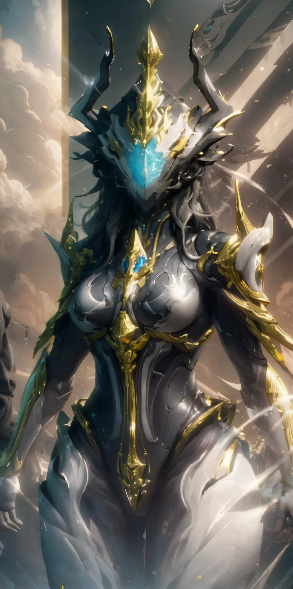 1 girl, No face, mystery, helmet, unicorn horn, glowing eyes, Extremely detailed expression, shiny metal, dynamic angle, detail light, dramatic_shadow, Rays_track, reflection,raw, lens, (sharp focus:1.5), (lifelike:1.2), Twilight illumination, Volumetric lighting, ultra high resolution, 16k,dramatic lighting,
