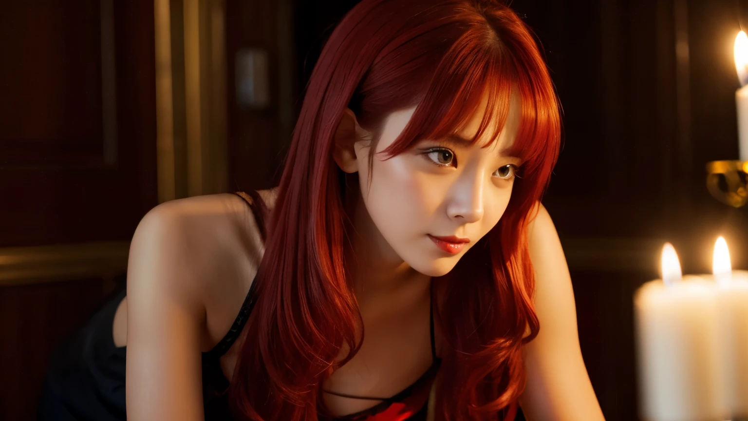 Red Hair, Sexy, Submission, Dress, Dark Romantic, Night, Dinner, Candles, High Details, Ultra HD, 4K