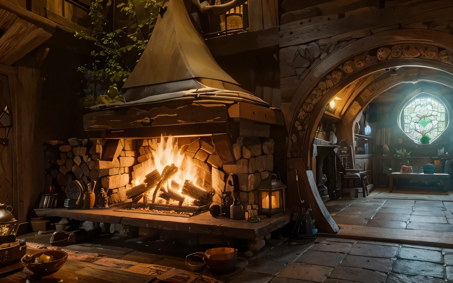 large fireplace at hobbit wooden house. A room full of objects, a table with goods, kettle and coffe cup, a bookshel aside the fireplace, and at the end, a pretty stained glass, a room of detailed objects (DO IT BETTER, MORE DETAILED)