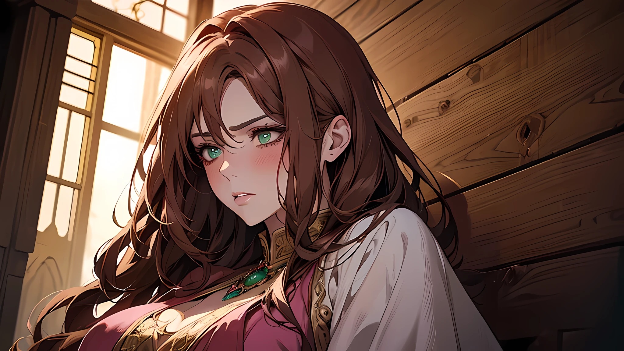 A beautiful blushing woman with green eyes and brown hair, she is a sorceress wearing silk robes;, semi nua sexy, Low lighting Pink lips A princess of magic and a sad look of dramatic concern Expressive Leaning against the wooden wall An art for an RPG A medieval art for RPG, perfect ace, perfect eyes, perfect nose, perfect body
