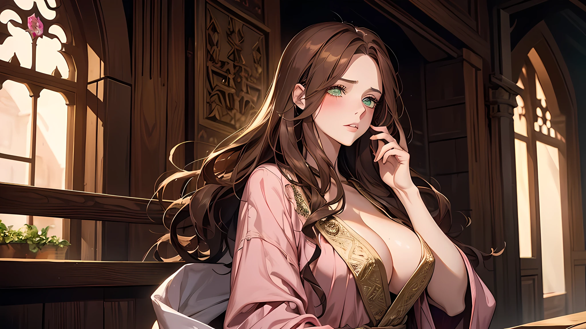 A beautiful blushing woman with green eyes and brown hair, she is a sorceress wearing silk robes;, semi nua sexy, Low lighting Pink lips A princess of magic and a sad look of dramatic concern Expressive Leaning against the wooden wall An art for an RPG A medieval art for RPG, perfect ace, perfect eyes, perfect nose, perfect body