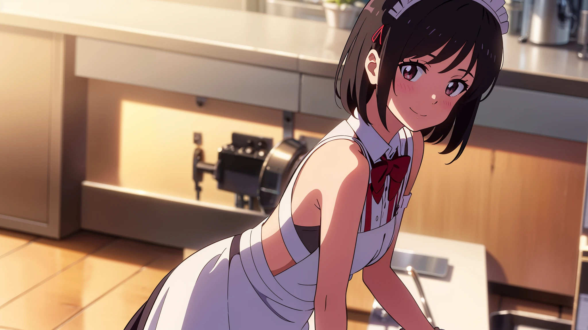 shinkai makoto, kimi no na wa., 1girl, bangs, black hair, blush, bright eyes, brown eyes, bow, ribbon, short hair, smile, cute, beautiful, shiny skin, looking at viewer, solo, maid, maid apron, maid headdress, apron, dress, short dress, frills, hair ornament, Off-the-shoulders, valentine background, romantic atmosphere, outdoors