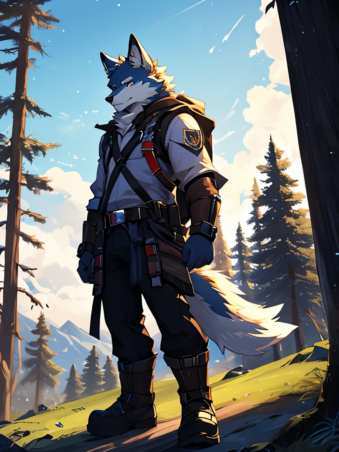 (Furry art, uploaded on e621: 1.4),1 boy, a wolf, alone, on a mountain, Rest of the sky, standing, detail fur, perfect eyes, detail body, detail face, perfect pulpils, mucular, (masterpiece), (best quality), (ultra-detailed: 1.0), cool pose, (Clear, shiny:0,8), (1boy, solo), (solo_focus), detail fluffy fur, natural lighting, (male), anthro, on forest, detail background, perfect sky, detail fur, eyes blue, pulpil Balck,