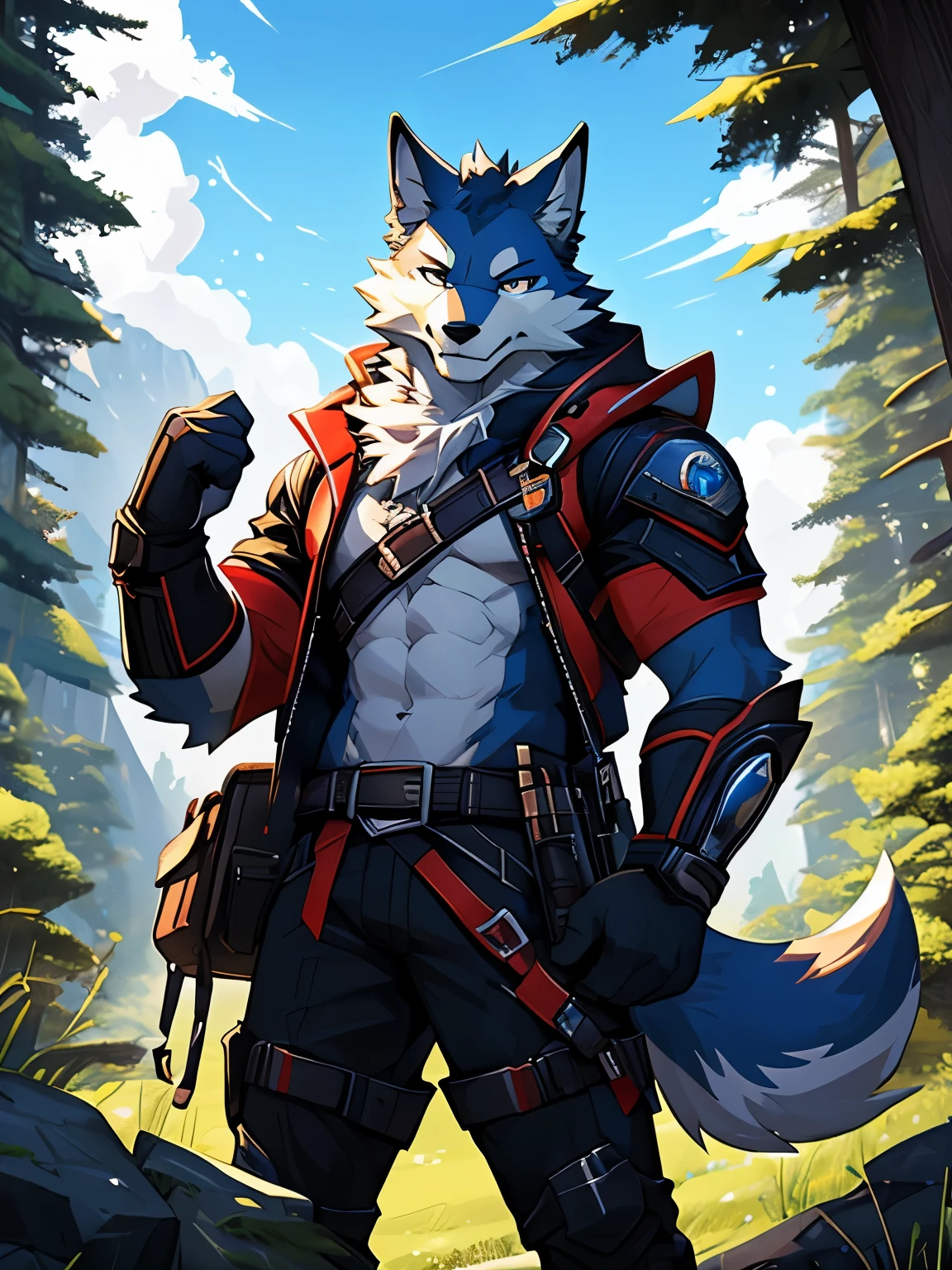 (Furry art, uploaded on e621: 1.4),1 boy, a wolf, alone, on a mountain, Rest of the sky, standing, detail fur, perfect eyes, detail body, detail face, perfect pulpils, mucular, (masterpiece), (best quality), (ultra-detailed: 1.0), cool pose, (Clear, shiny:0,8), (1boy, solo), (solo_focus), detail fluffy fur, natural lighting, (male), anthro, on forest, detail background, perfect sky, detail fur, eyes blue, pulpil Balck,