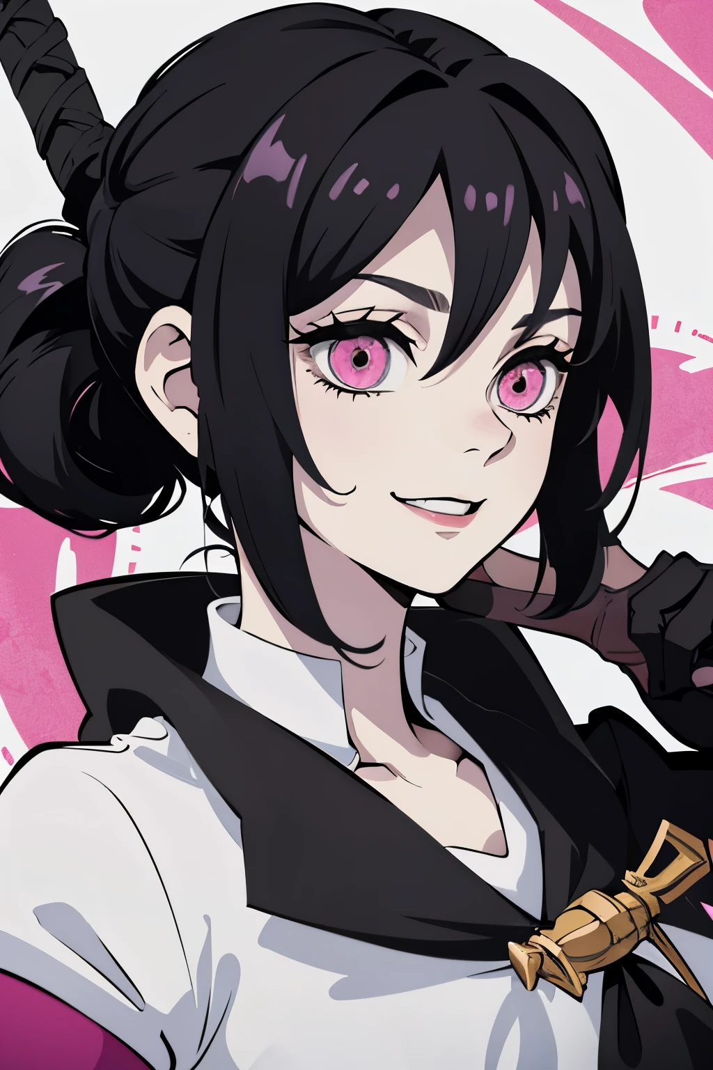 White Young woman, Ashley Graves Hairstyle, Pink eyes, Crazy face, Psicho smile, Demon slayer uniform, Sword, black hair, Black necklace