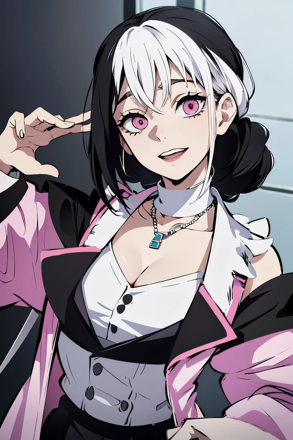 White Young woman, Ashley Graves Hairstyle, Pink eyes, Crazy face, Psicho smile, Demon slayer uniform, Sword, black hair, Black necklace