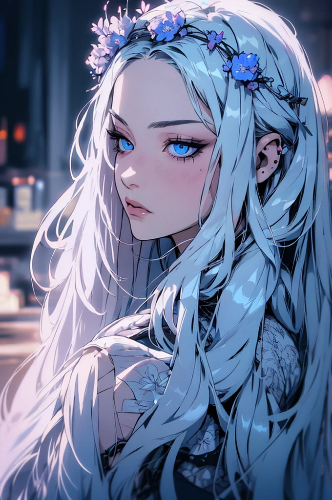 hyper-realistic of a mysterious woman with flowing silver hair, piercing blue eyes, and a delicate floral crown, backwards, looking back, upper body