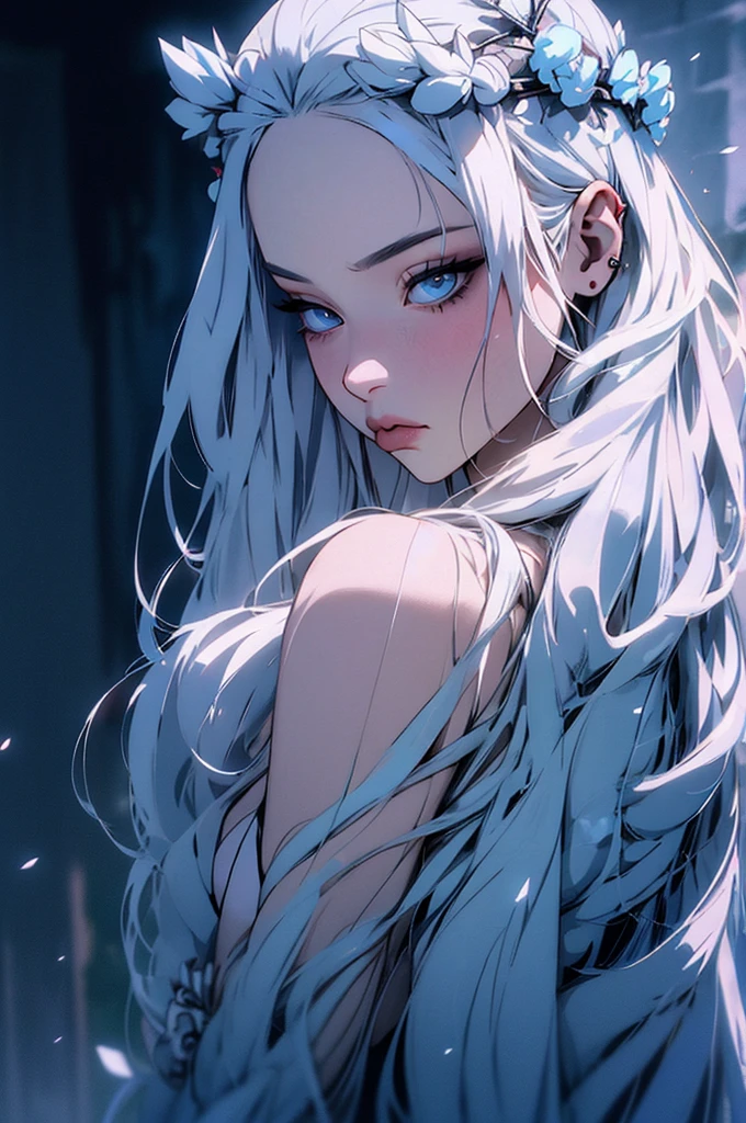 hyper-realistic of a mysterious woman with flowing silver hair, piercing blue eyes, and a delicate floral crown, backwards, looking back, upper body