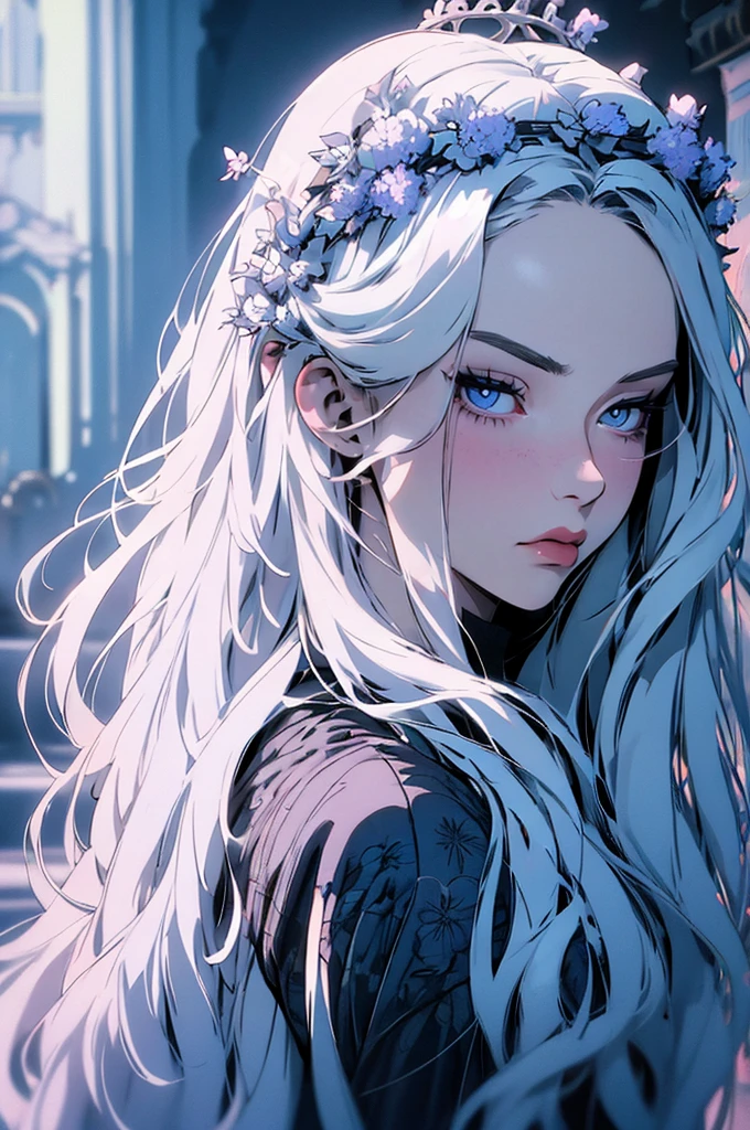 hyper-realistic  of a mysterious woman with flowing silver hair, piercing blue eyes, and a delicate floral crown, backwards, looking back, upper body