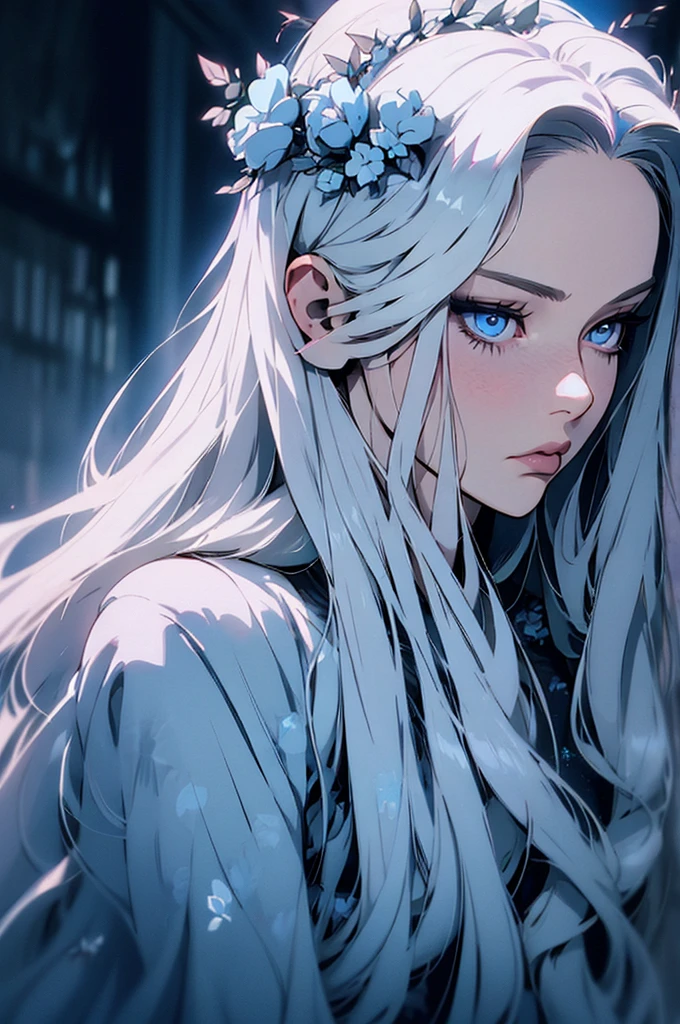 hyper-realistic  of a mysterious woman with flowing silver hair, piercing blue eyes, and a delicate floral crown, backwards, looking back, upper body