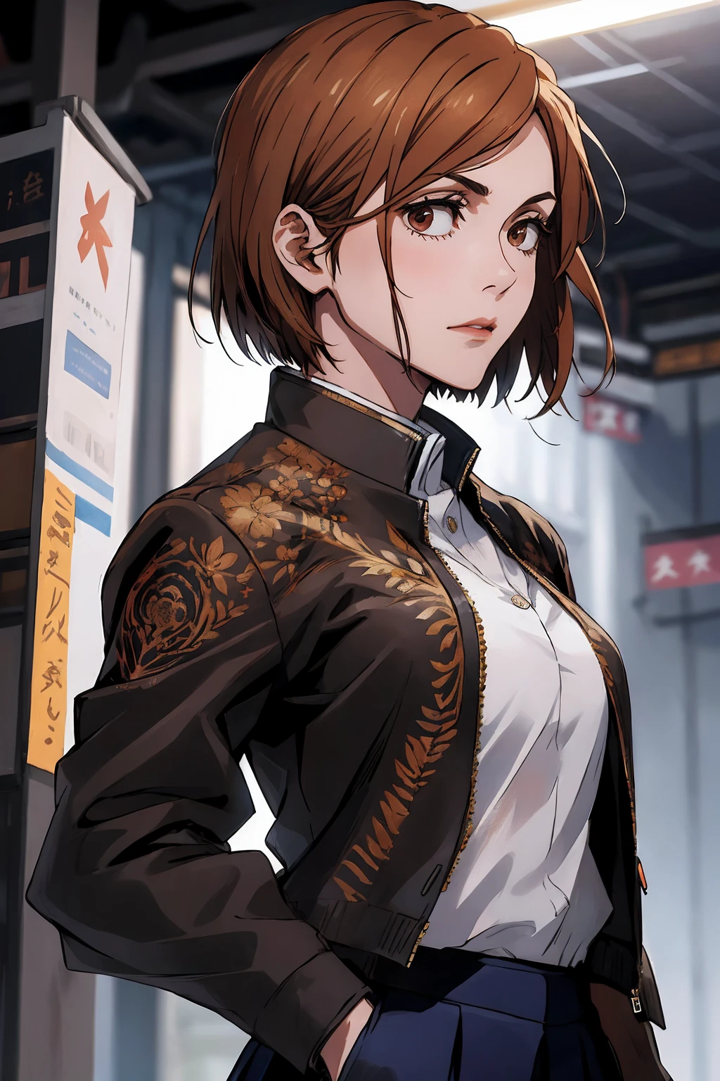 1girl, cowboy shot, beautiful Nobara, school_uniform, bangs, jacket,, volumetric lighting, best quality, masterpiece, intricate details, tonemapping, sharp focus, hyper detailed, trending on Art Station, 4k,full body