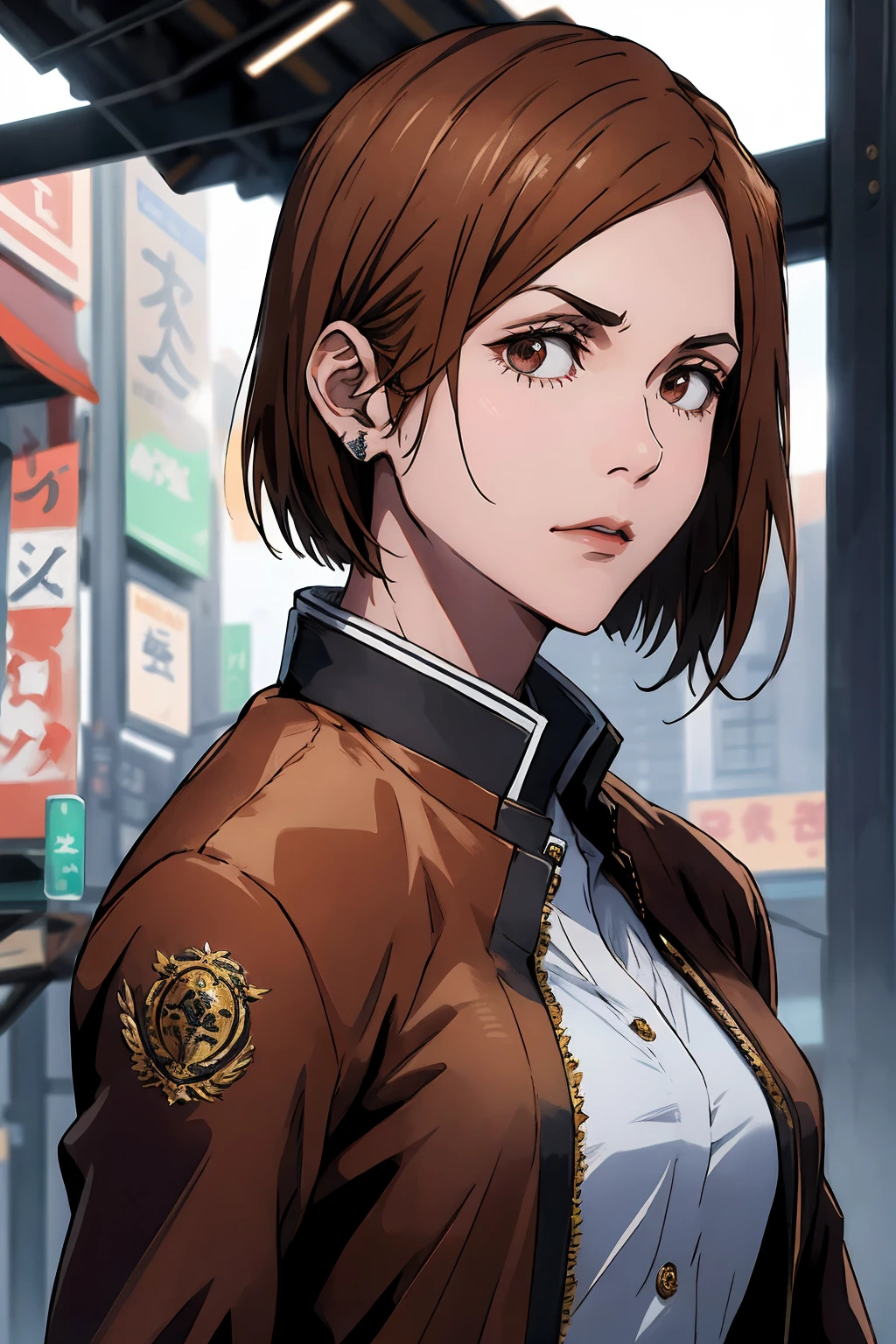 1girl, cowboy shot, beautiful Nobara, school_uniform, bangs, jacket,, volumetric lighting, best quality, masterpiece, intricate details, tonemapping, sharp focus, hyper detailed, trending on Art Station, 4k,full body