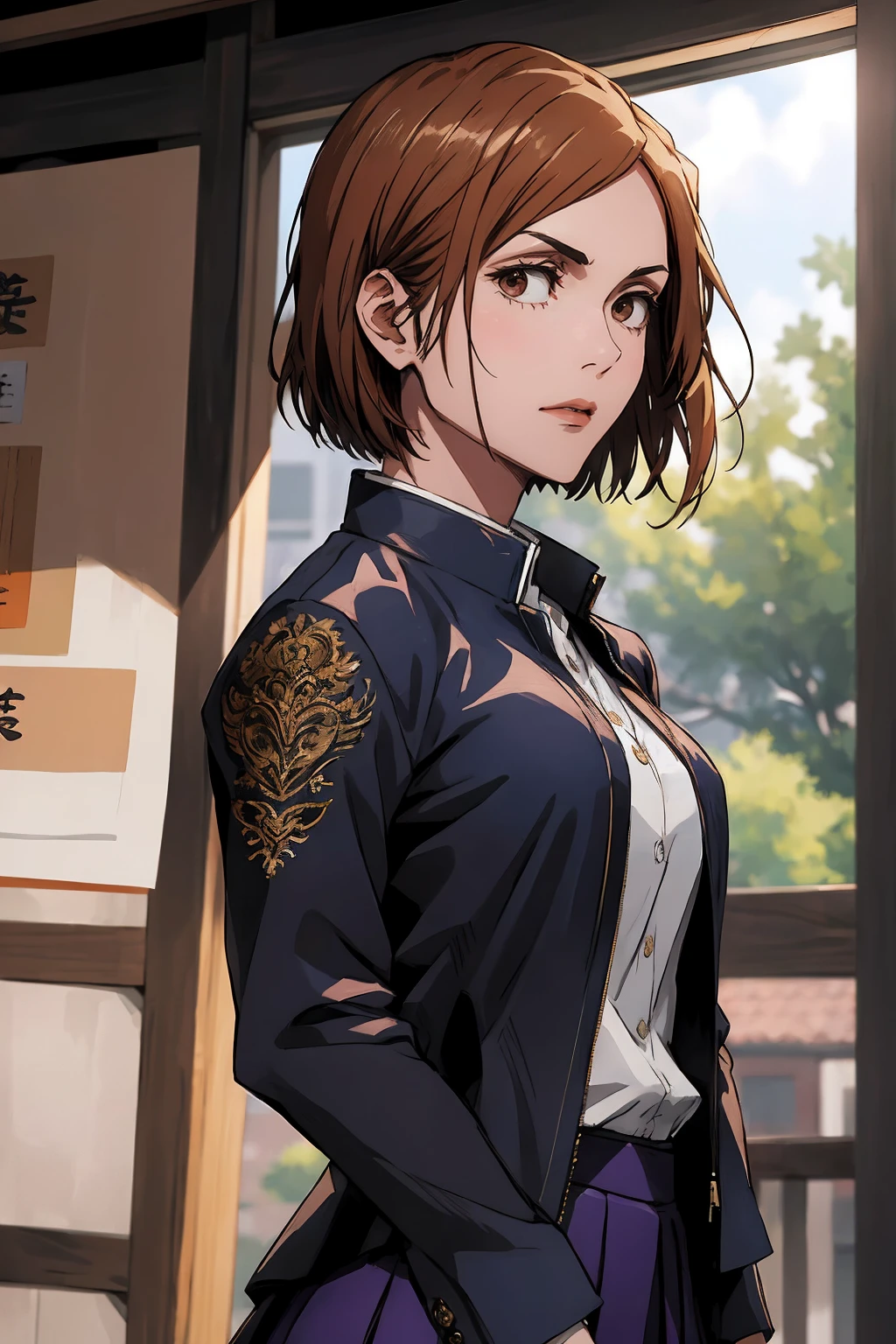1girl, cowboy shot, beautiful Nobara, school_uniform, bangs, jacket,, volumetric lighting, best quality, masterpiece, intricate details, tonemapping, sharp focus, hyper detailed, trending on Art Station, 4k,full body