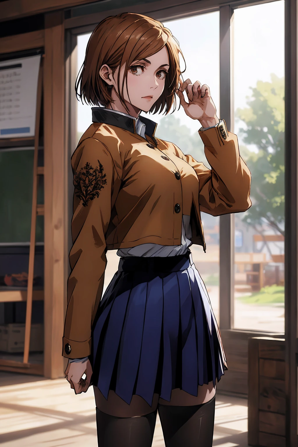 1girl, cowboy shot, beautiful Nobara, school_uniform, bangs, jacket,, volumetric lighting, best quality, masterpiece, intricate details, tonemapping, sharp focus, hyper detailed, trending on Art Station, 4k,full body