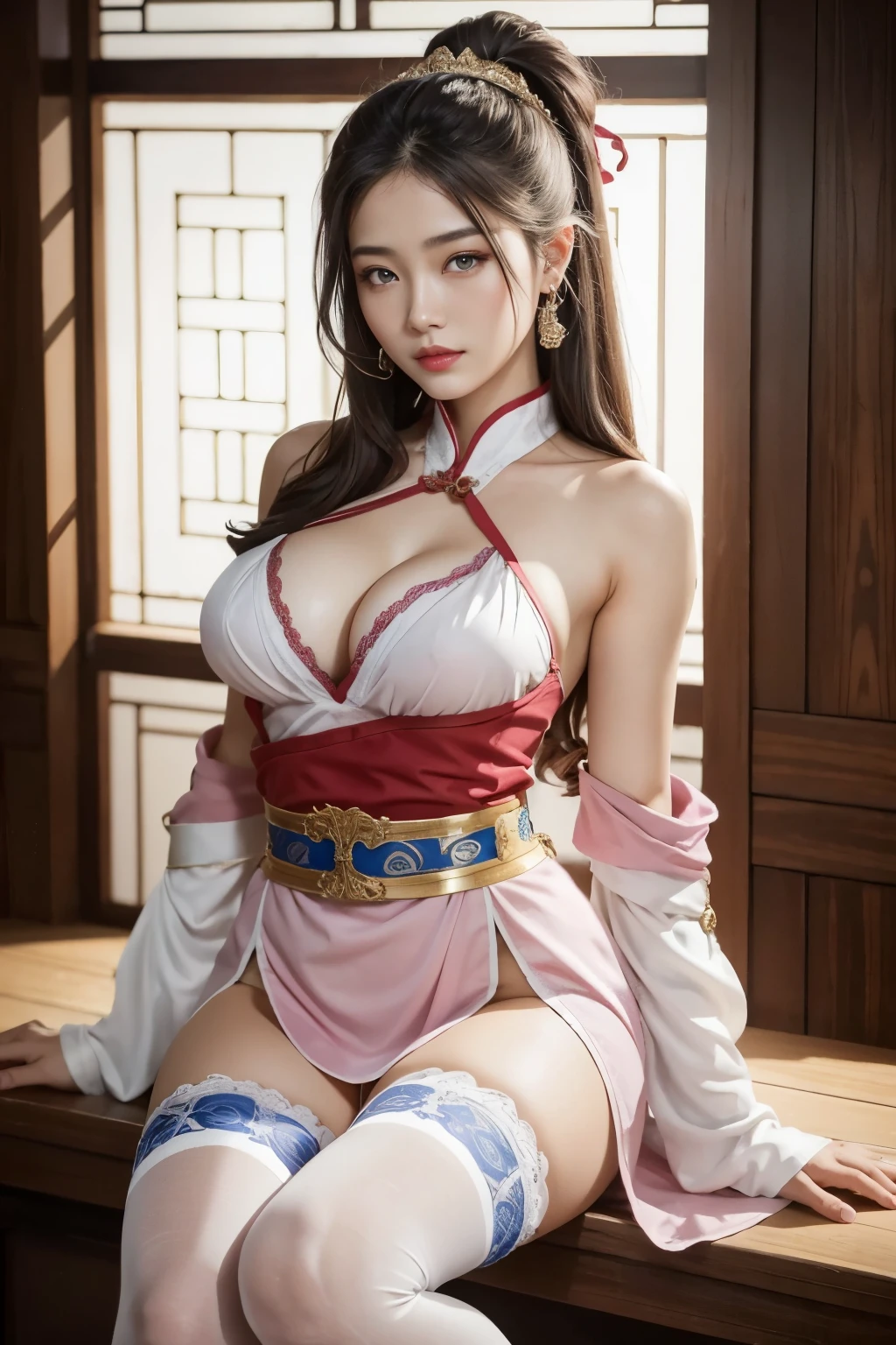 (best quality), oriental nobility,Girl&#39;s hot and thick red lips,Highly detailed 4K eyes and faces,beautiful beautiful blue eyes ,big breasts、Bewitching thigh、Full Body Warrior,martial arts,Zhao Yunzilong&#39;s feminization, With the Seiryu Engetsuto,Gorgeous light pink costume,stockings,woman with a gun,decorated costume,Background of the Three Kingdoms era