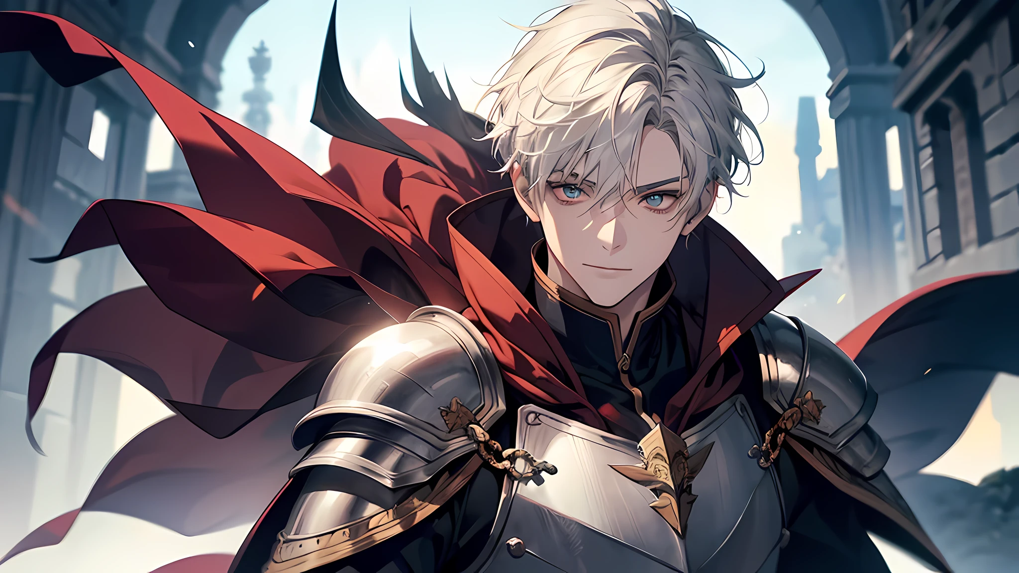 (1 Adult male),A high resolution, Sharp focus, Pixiv masterpiece, ((Complicated details)), highly detailed, 1 man, short white hair, ssmile,full bodyesbian, greene eyes(eyes glowing), with short white hair,Armour,cloaks,Shoulder armor,perspire,look from down, perfect face, Had Kaya, the second-in-command of the freshman class seen me kill a level 80 demon in one turn, I can’t imagine how things would have turned out