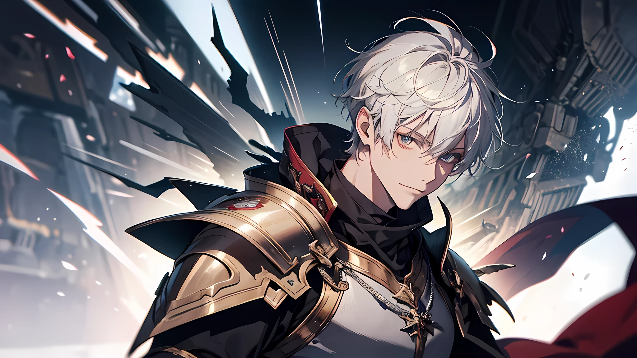 （1 Adult male），A high resolution， Sharp focus， Pixiv masterpiece， （（Complicated details））， highly detailed， 1 man， short white hair, ssmile，full bodyesbian， greene eyes（eyes glowing）， with short white hair，Armour，cloaks，Shoulder armor，perspire，look from down, perfect face, Had Kaya, the second-in-command of the freshman class seen me kill a level 80 demon in one turn, I can’t imagine how things would have turned out
