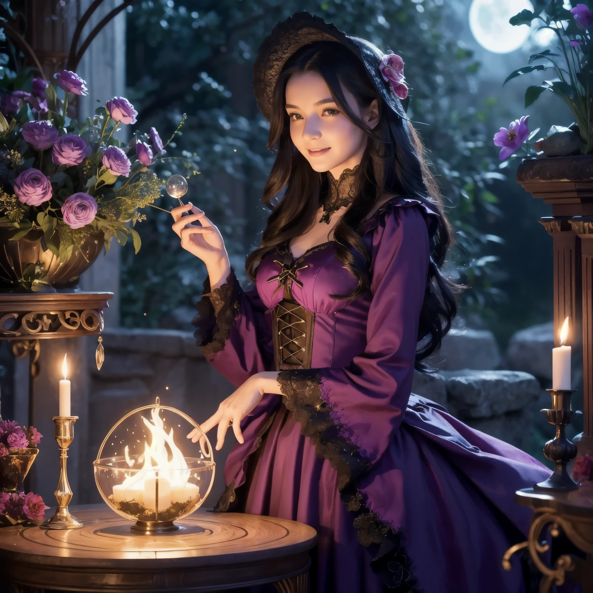 (best quality,4k,8k,highres,masterpiece:1.2),ultra-detailed,(realistic,photorealistic,photo-realistic:1.37), a teenage boy joins a witch coven and he’s given the gift of femininity, he gets magically transformed into a cute teenage witch girl, sex change ritual, pink eyes, long black hair, is happy, stunning black Victorian dress, gorgeous dress design,flowing gown,elaborate lace details,rich textures,contrast stitching,delicate ribbon bows,floral accents,full skirt,high neckline,long sleeves,fitted waistline,flared cuffs,lace-up back,luxurious fabrics,flawless silhouette,high heels,pointy hat, magical transformation, detailed facial features, glowing and vibrant pink eyes, flowing and glossy long black hair, happy and excited expression, joyful and radiant vibe, surrounded by a mystical aura, spell books and potions in the background, an enchanting garden with colorful flowers, butterflies flying around, moonlit night with a full moon shining above, soft and ethereal lighting, a group of friendly witches welcoming the new girl into the coven, joyful celebration and magical rituals, feminine and elegant movements, a cauldron overflowing with sparkles and magical essence, black and purple hues dominating the color palette, whimsical and enchanting atmosphere, breathtaking and bewitching nature, a sense of empowerment and self-discovery.