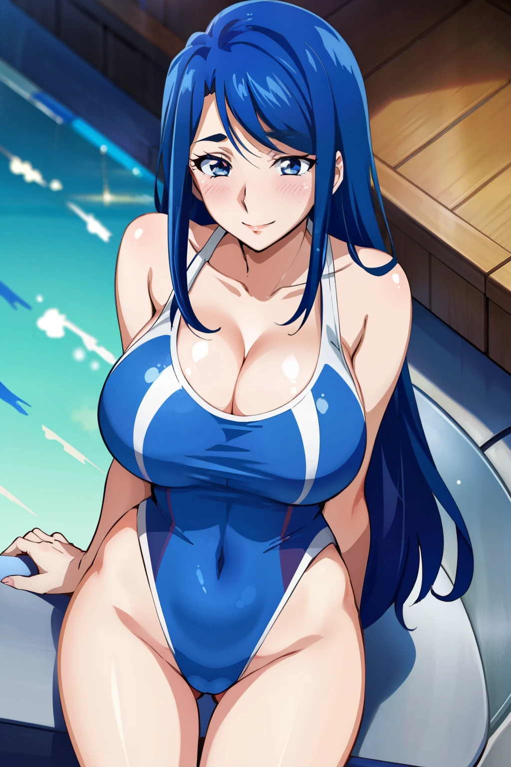 best quality, high resolution, 〚(anime screencap), anime colored, 2d, anime cels, big eyes, poolside, 1girl, Minazuki Karen, (gigantic breasts:1.4), blue competition swimsuit, blush, embarrassed, smile, looking at viewer, cowboy shot, sitting, from above