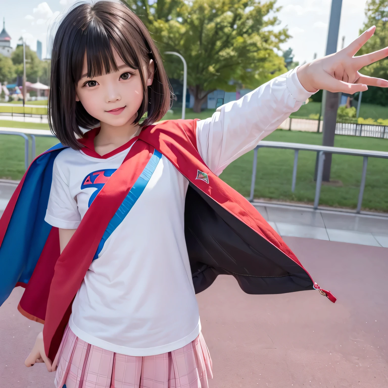 A very elementary school student is wearing Supergirl clothes..、masterpiece、highest quality、Spreading black hair、bob cut with trimmed ends、(flat chest)、lolicon、red cloak、short sleeve、many pink hearts、There are many hearts in the background、amusement park background、(whole body)、smile、cute pose、