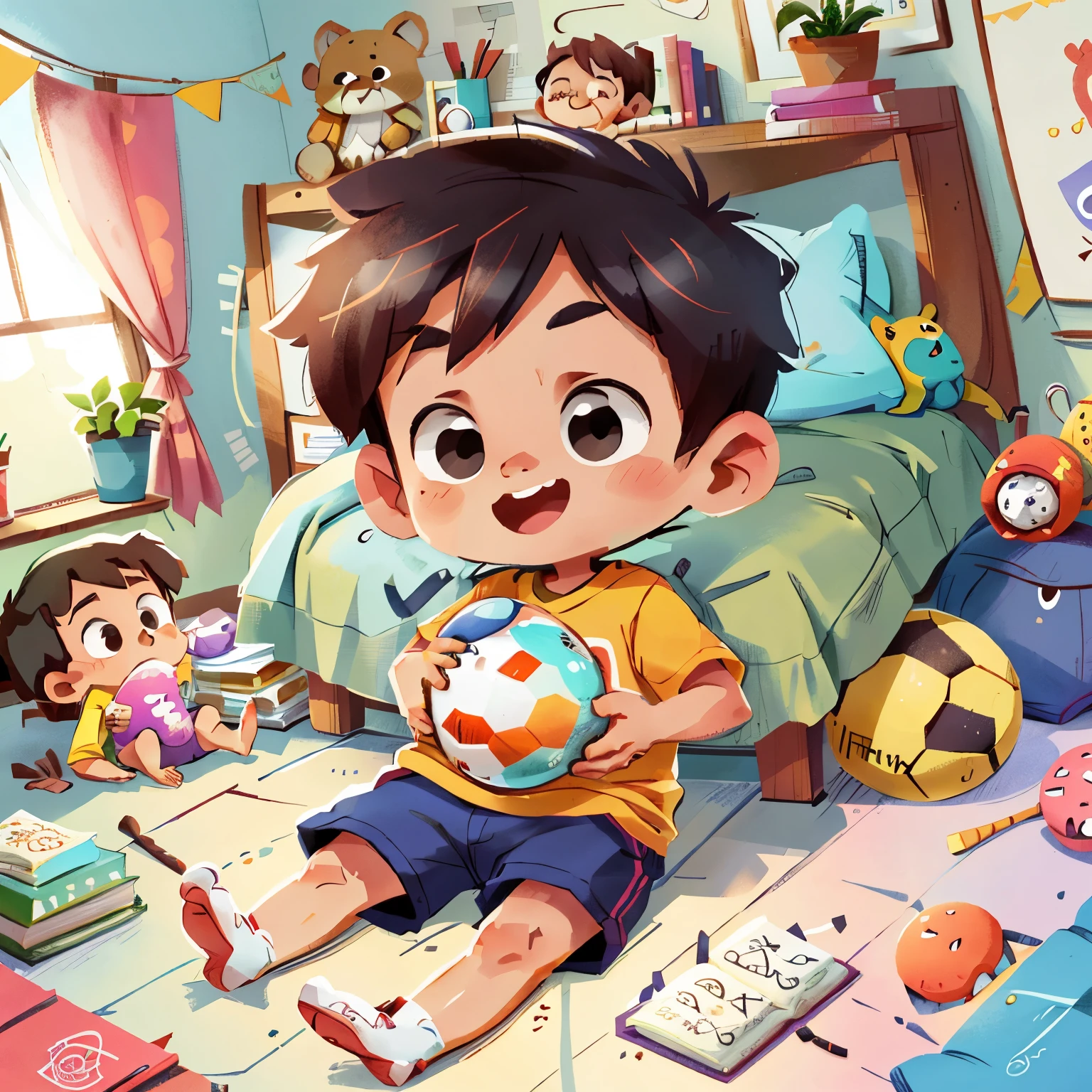(sfw),quarto de dormir minimalista, a boy six years old, happy, segurando com as duas mãos uma bola de futebol, perfect quality, clear focus, extremely colorful, it's the perfect face, complicated details, ultra-low perspective, wide shot --v 6, show the room.