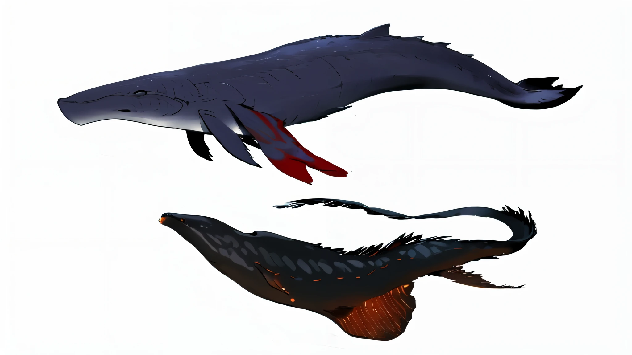 there are two different types of anime whales that are flying in the sky, whale monsters, creature concept art, plesiosaur, bioluminiscent creatures, sky whales, ocean giant creature bloop, whales, rejected concepts, subreddit / r / whale, realistic paleoart, deep sea creatures, cyborg whale, concept art, concept art, flying whales