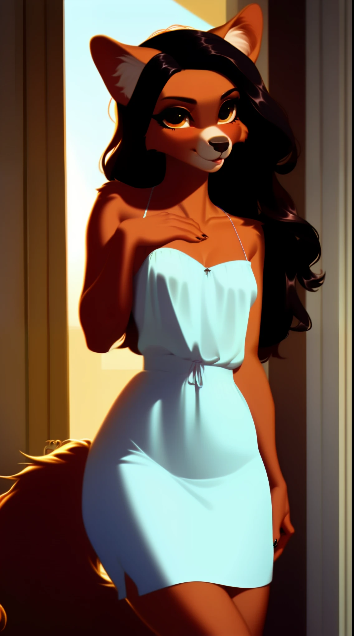 (score_9), (source_ derpibooru_p_95),m, ((cute anthro canine :1.1)), (cute sun dress), blushing, teenager, innocent look, solo, long dark hair, anatomically correct, flat chest , high res, extremely detailed, adorable, ribs, hip bones, living room, 1girl, absurd resolution, moonlight, cute nose, cute snout, realistic hair, fluffy ears, skinny waist,