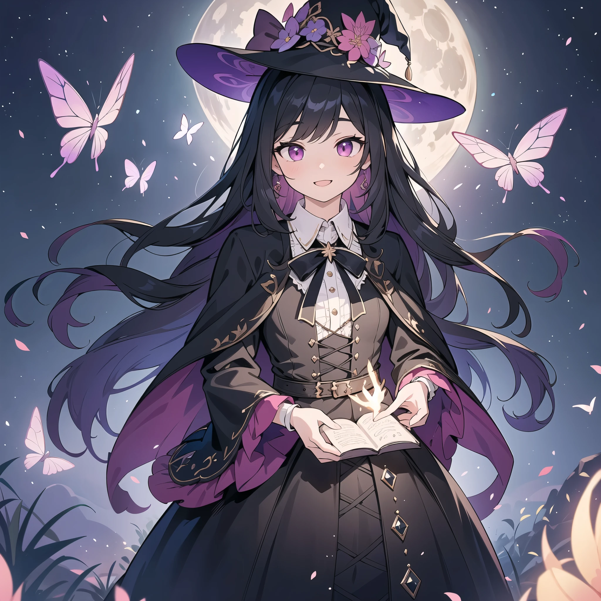 (best quality,4k,8k,highres,masterpiece:1.2),ultra-detailed,(realistic,photorealistic,photo-realistic:1.37), a teenage boy joins a witch coven and he’s given the gift of femininity, he gets magically transformed into a cute teenage witch girl, sex change ritual, pink eyes, long black hair, is happy, stunning black Victorian dress, gorgeous dress design,flowing gown,elaborate lace details,rich textures,contrast stitching,delicate ribbon bows,floral accents,full skirt,high neckline,long sleeves,fitted waistline,flared cuffs,lace-up back,luxurious fabrics,flawless silhouette,high heels,pointy hat, magical transformation, detailed facial features, glowing and vibrant pink eyes, flowing and glossy long black hair, happy and excited expression, joyful and radiant vibe, surrounded by a mystical aura, spell books and potions in the background, an enchanting garden with colorful flowers, butterflies flying around, moonlit night with a full moon shining above, soft and ethereal lighting, a group of friendly witches welcoming the new girl into the coven, joyful celebration and magical rituals, feminine and elegant movements, a cauldron overflowing with sparkles and magical essence, black and purple hues dominating the color palette, whimsical and enchanting atmosphere, breathtaking and bewitching nature, a sense of empowerment and self-discovery.