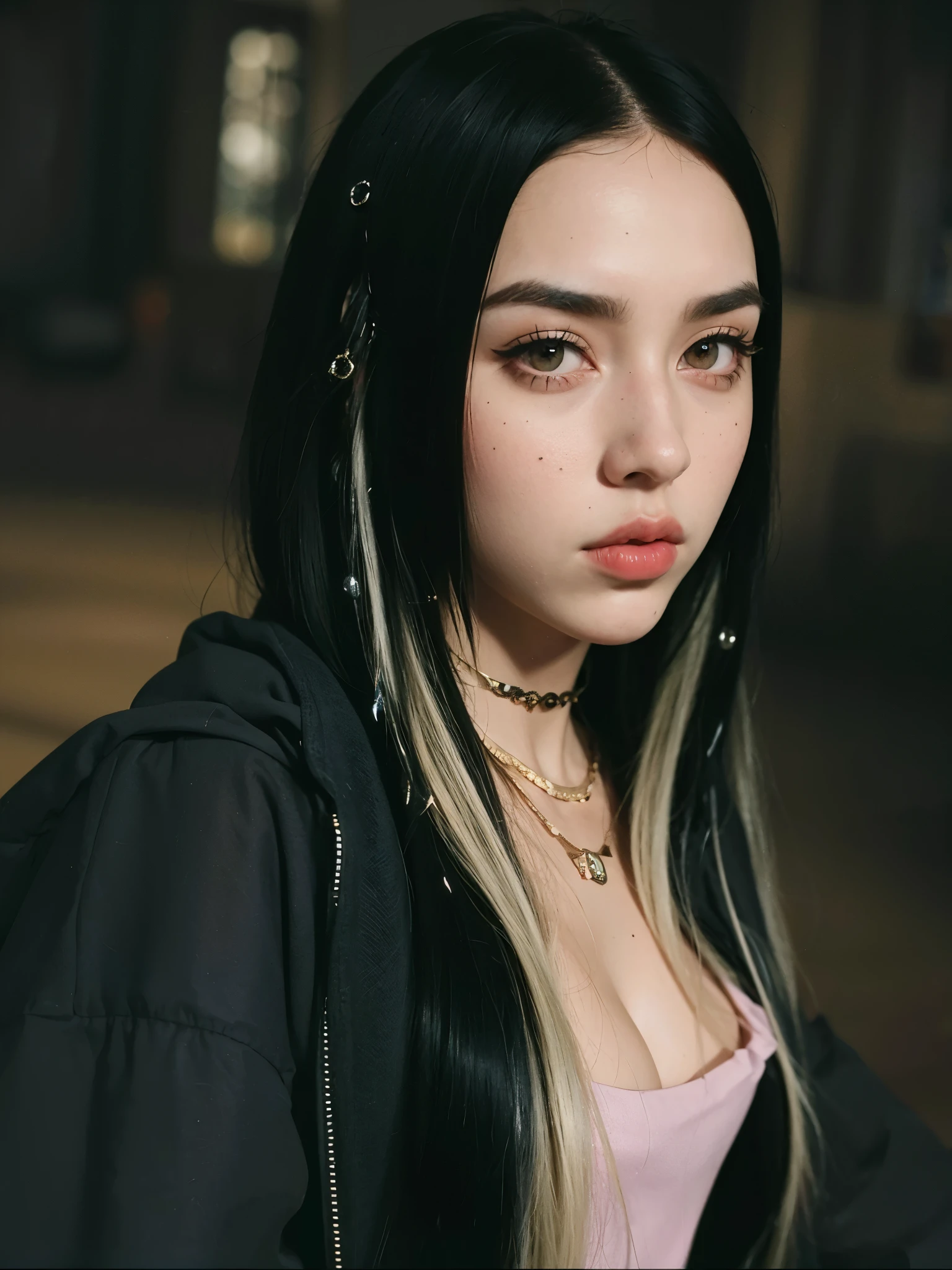 Mujer arafed con largo cabello negro y piercings posando para una foto., ava max, charli bowater, con pelo largo y ojos penetrantes, Billie Eilish, ella parece una mezcla de grimes, 1 7 year old gothic girl, Kailee Mandel, ella tiene el pelo negro, parece una mezcla de mugre, 18 years, cejas rectas
