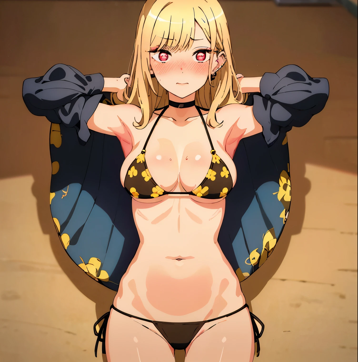 1girl, Solo, navy kitagawa, blonde hair, choker, ear piercing, earrings, long hair, piercing, (red eyes:1.5), straight hair, swept bangs, (blush:1.3), (triangle bikini:1.2), black bikini , (Yellow flower bikini:1.3), large breasts, medium waist, wide hips, medium thighs,, naked, Exposed skin, (wet skin:1.3), (arms behind head, Armpits), (mar:1.5) , beach, (solar:1.3), looking at viewer, (masterpiece:1.2), Best quality, high resolution, 8k unit wallpaper, (illustration:0.8), (beautiful detailed eyes:1.6), extremely detailed face , perfect lighting, extremely detailed CG, (perfect hands, perfect anatomy)", good hands, good anatomy