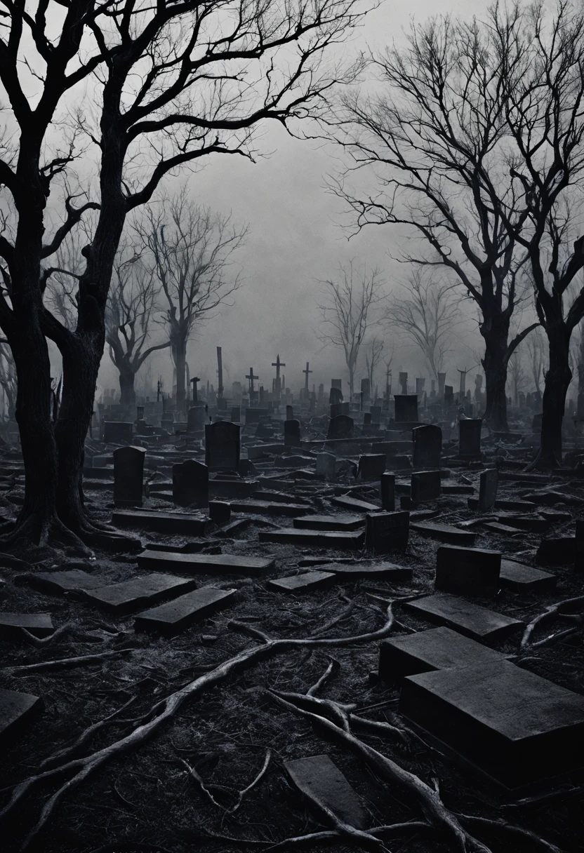 gravure style image of a medieval gravure by Gustave Dore, Natalia Drepina and Brooke Shaden surreal postcard on a cracked paper, extremely dynamic, unusual , vintage, black metal style vintage distressed black and white xerox of an evil cemetery at night with evil foggy spirits wandering sorrounding the graves, seen from below, {{{masterpiece}}}, best quality, {{top quality}}, (black metal album cover), black and white pencil ansel adams picture of the experience of madness in the context of depression. Depict this inner struggle through the image of an evil cemetery at night in a dark and gloomy space, very dark cemetery (dead branches), reflecting sadness and despair. Use muted colors and cool tones to convey melancholy. Incorporate abstract elements that suggest a distorted perception of reality. The image should be both poignant and respectful towards those facing depression, kodak portra 800t, hasselblad, 35mm effect, eerie, gloomy, foggy, motion blur,more detail XL