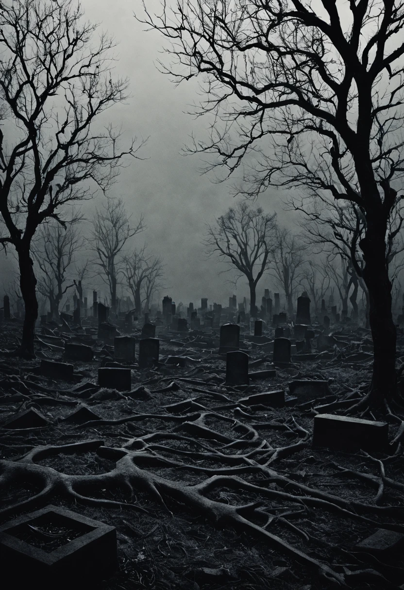 gravure style image of a medieval gravure by Gustave Dore, Natalia Drepina and Brooke Shaden surreal postcard on a cracked paper, extremely dynamic, unusual , vintage, black metal style vintage distressed black and white xerox of an evil cemetery at night with evil foggy spirits wandering sorrounding the graves, seen from below, {{{masterpiece}}}, best quality, {{top quality}}, (black metal album cover), black and white pencil ansel adams picture of the experience of madness in the context of depression. Depict this inner struggle through the image of an evil cemetery at night in a dark and gloomy space, very dark cemetery (dead branches), reflecting sadness and despair. Use muted colors and cool tones to convey melancholy. Incorporate abstract elements that suggest a distorted perception of reality. The image should be both poignant and respectful towards those facing depression, kodak portra 800t, hasselblad, 35mm effect, eerie, gloomy, foggy, motion blur,more detail XL