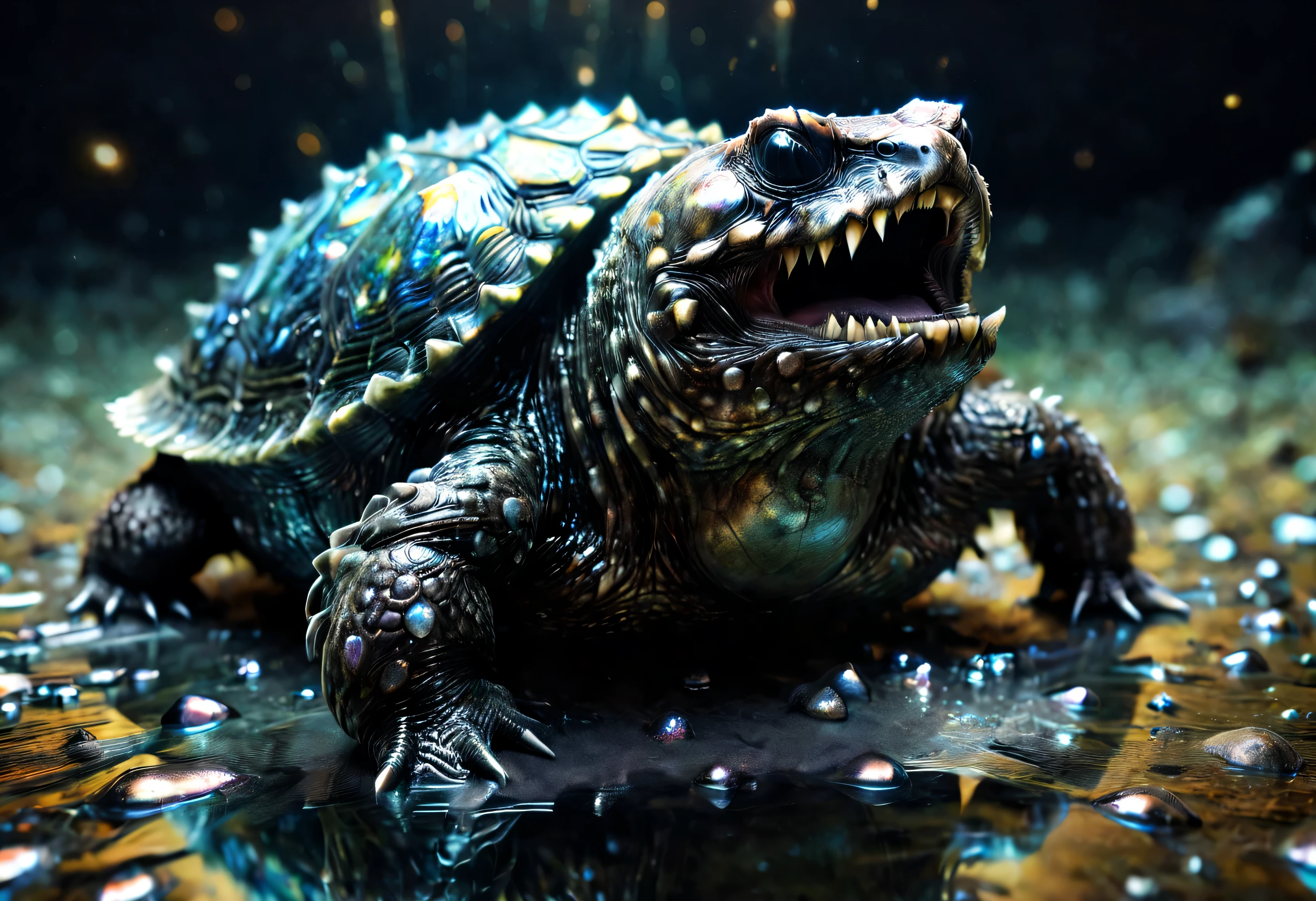 render of angry snapping-turtle with shell studded in crystals, open-mouth, quarter-angle Portrait of a iridescent-snapping turtle, reflections, official illustration, (creepy, scary) subsurface scattering portrait of a ferocious turtle with shell studded in crystals, ultra detailed sharp lines high saturation