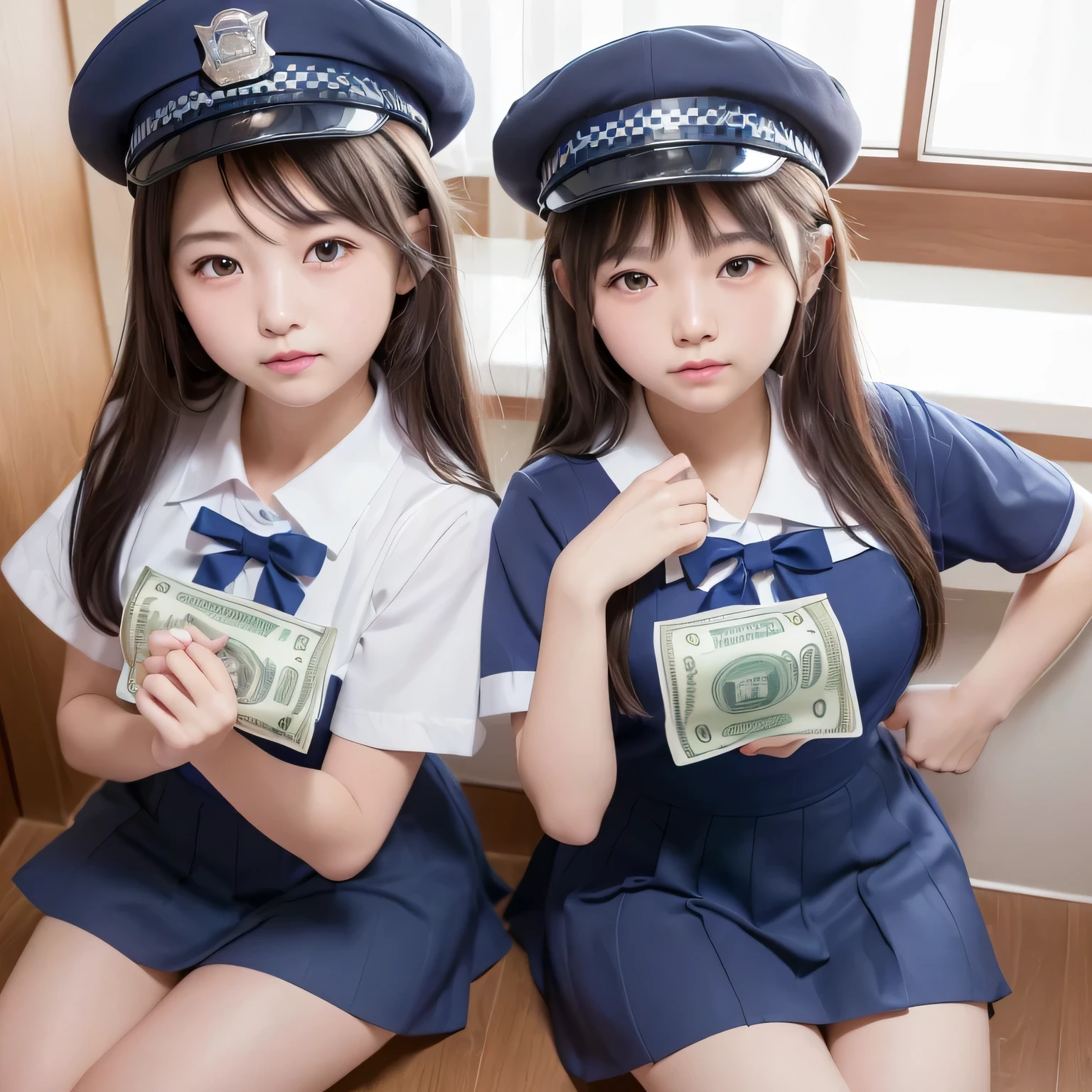 beautiful illustrations、highest quality、ultra high resolution、Professional specifications、(((Young loli sisters holding a wad of money)))、sit on the toilet、(((look at the camera)))、smile、((a lot of money was scattered))、Japanese blue school sailor suit、very short skirt、((Police Officer Cap))、short sleeve、belly button、child&#39;face