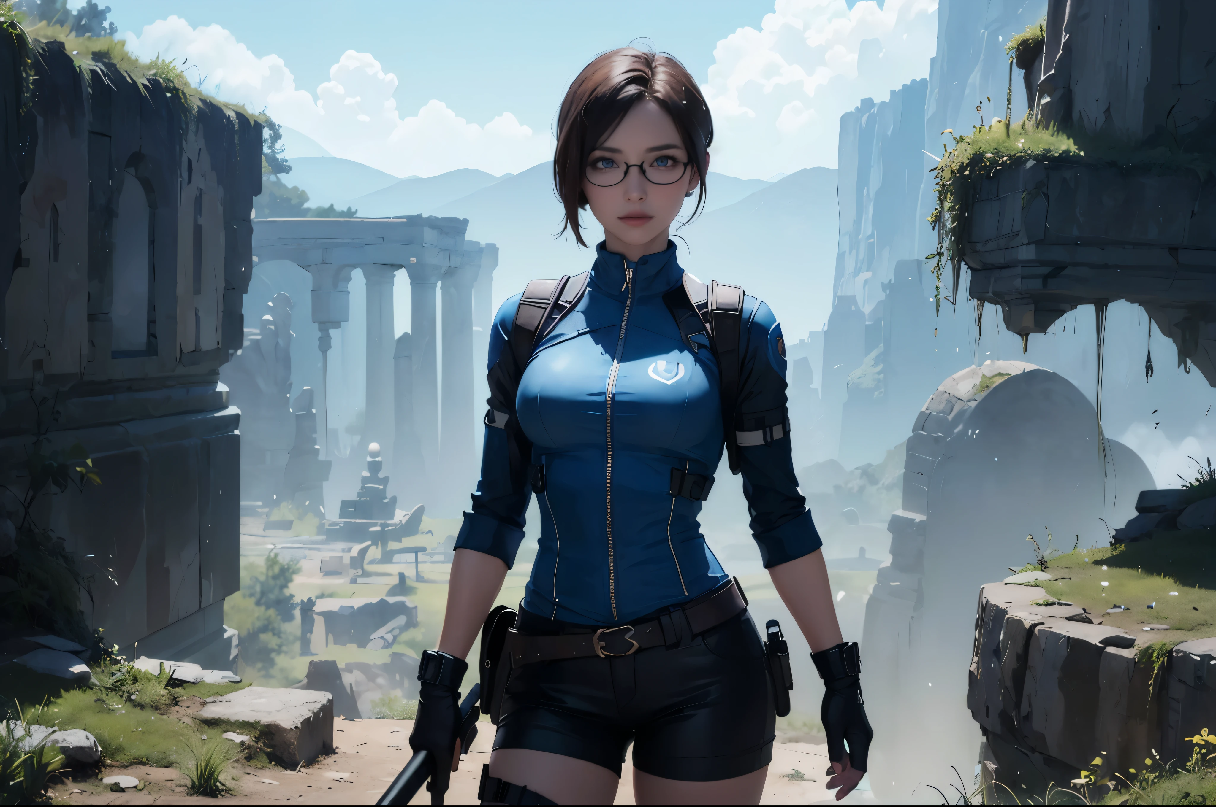 (((Landscape of the ancient underground kingdom))), A beautiful young explorer stood in the distance., ((Wear Jill Valentine's outfit)), ((wear glasses))