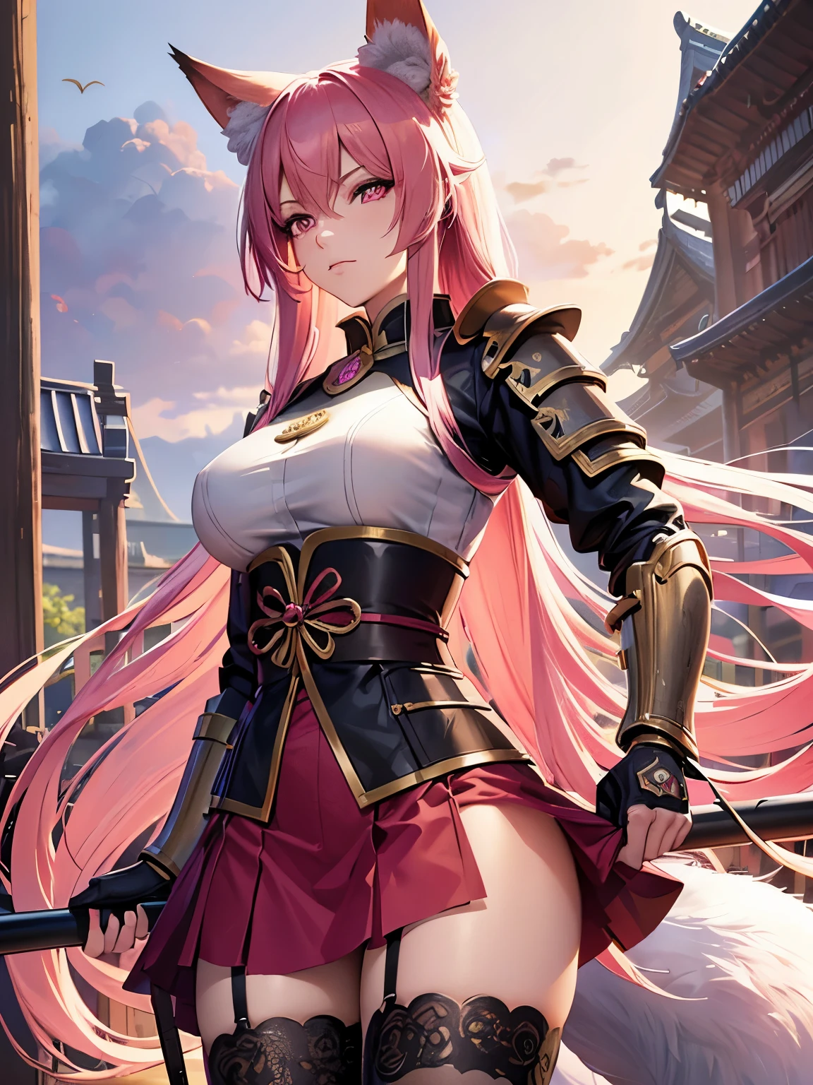 Digital art, 4K/8K, solo, RPG, fantasy, warrior girl, very long pink hair, pink eyes, female kitsune, adult, mature, sexy body, fox ears, fox tail, determined, heroic, intricate samurai armor, sexy armor, intricate miniskirt, sakura tree scenery, intricate stocking