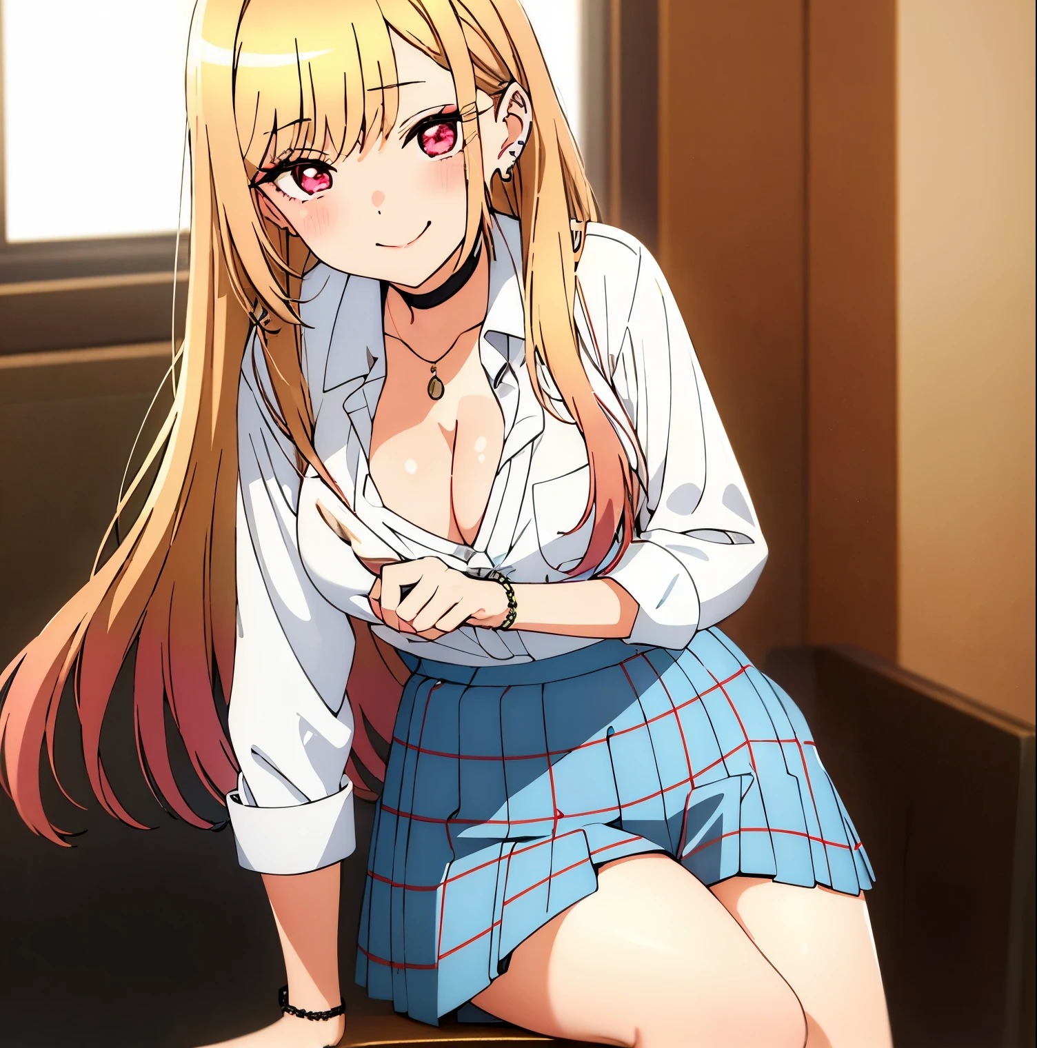 1girl, alone, Marin Kitagawa, masterpiece, Best quality, high resolutions, blonde hair, long hair, hair with pink tips, red eyes, jewelry, necklace around the neck, choker, school uniform, white collar shirt, long sleeve shirt ,cleavage, dark blue tie, blue plaid skirt, short skirt, bare legs, Gallon, brown loafers, black stockings, cleavage, ear piercings, large breasts, medium waist, medium hips, wide thighs, bracelet, classroom, sitting on the desk, legs crossed, smile, mouth closed, seductive, embarrassed, excellent hands, excellent anatomy, sunny, sunset, good lighting, perfect anatomy, perfect hands