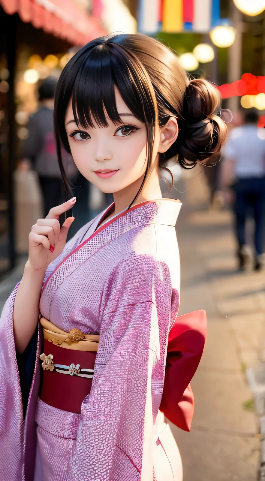(((Top quality, 8k, masterpiece))), crisp focus, a beautiful woman with a slender figure and an elegant updo hairstyle, (((Kimono: Kara))), in the background, a street scene (1.2) with a highly detailed face and skin texture, intricately designed double eyelids, a random posture, and a captivating smile. This super cute Japanese girl radiates beauty as she enjoys the summer festival at sunset, surrounded by the magical atmosphere of fireworks in the sky.
