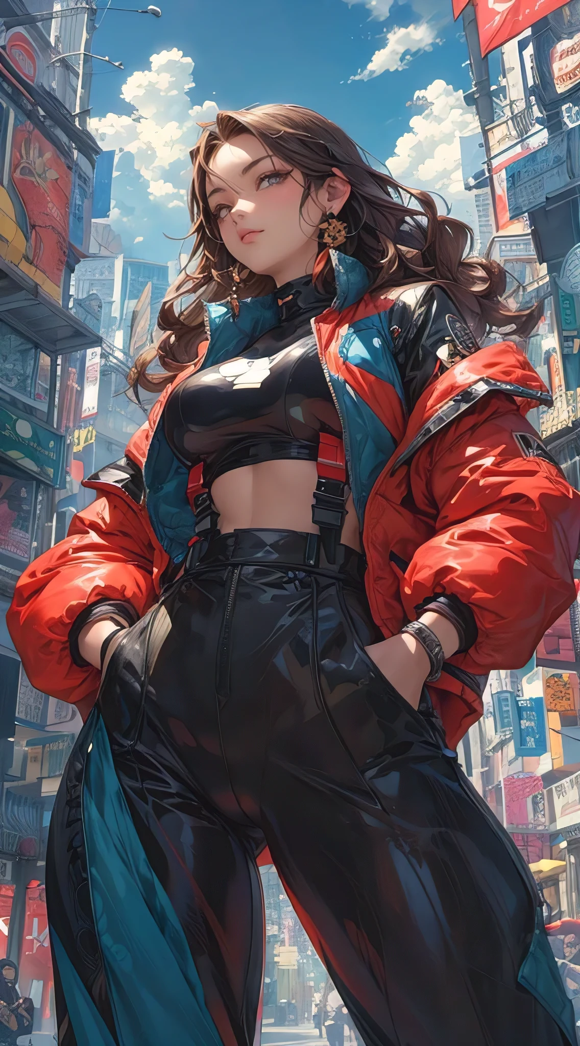 wavy hair, well-endowed, slim waist, wide hips, thick thighs, hip hop outfit, smug, big city, anime realism by ayami kojima and donato giancola