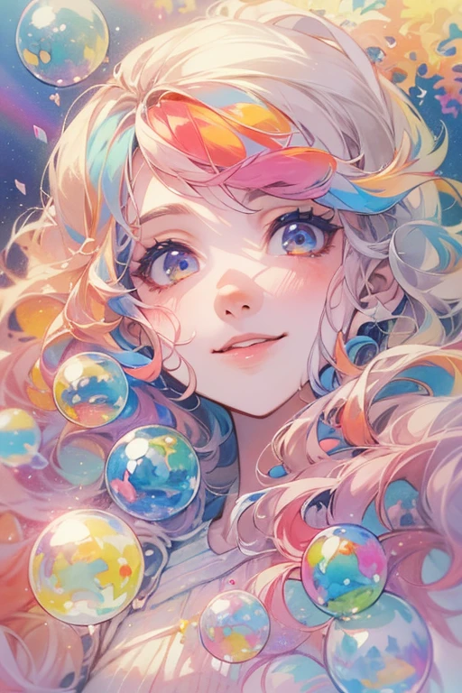 (masterpiece, highest quality, highest quality, watercolor (Moderate), official art, beautiful and aesthetic: 1.2), (1 girl: 1.3), (fractal art: 1.3), morning, Good morning, smile, sunny day, Hilarious, look viewer, pattern, Wave, (rainbow colored hair, colorful Hair: 1.2), null, gas, cloud, colorful, Soap bubble