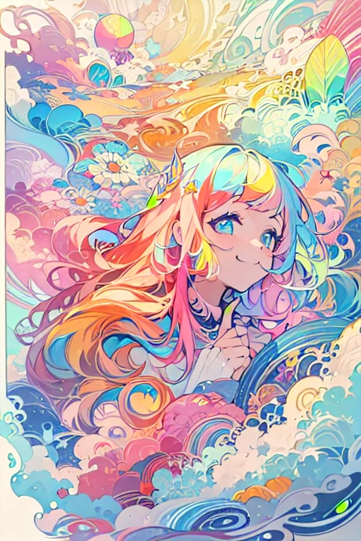 (masterpiece, highest quality, highest quality, watercolor (Moderate), official art, beautiful and aesthetic: 1.2), (1 girl: 1.3), (fractal art: 1.3), morning, Good morning, smile, sunny day, Hilarious, look viewer, pattern, Wave, (rainbow colored hair, colorful Hair: 1.2), null, gas, cloud, colorful, Soap bubble