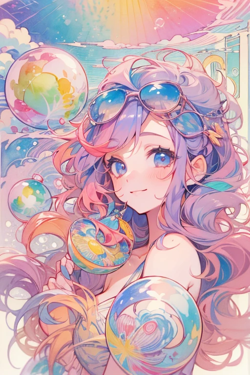 (masterpiece, highest quality, highest quality, watercolor (Moderate), official art, beautiful and aesthetic: 1.2), (1 girl: 1.3), (fractal art: 1.3), morning, Good morning, smile, sunny day, Hilarious, look viewer, pattern, Wave, (rainbow colored hair, colorful Hair: 1.2), null, gas, cloud, colorful, Soap bubble
