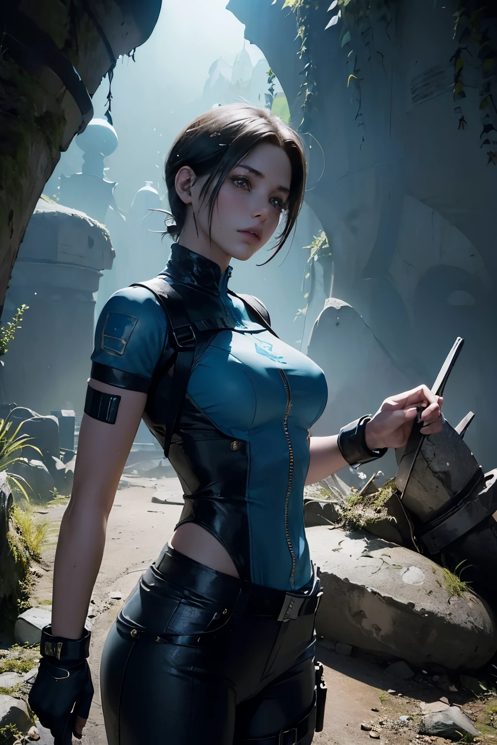 (((landscape of the catacombs))), a beautiful young explorer stood in the distance, ((wearing a jill valentine outfit))