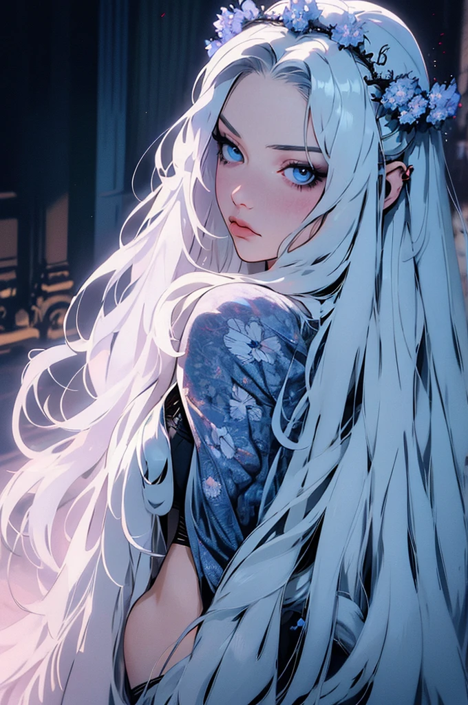 hyper-realistic of a mysterious woman with flowing silver hair, piercing blue eyes, and a delicate floral crown, backwards, looking back, whole body