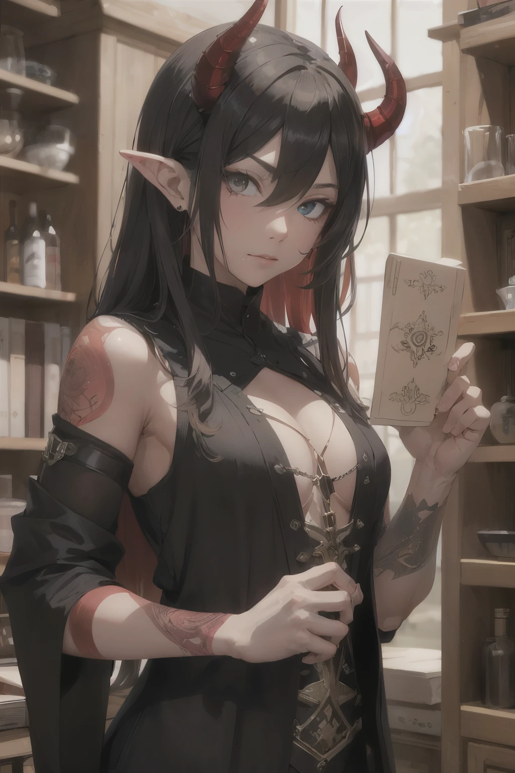 ((best quality)), ((Meisterwerk)), (detailliert), perfektes Gesicht, (Meisterwerk, best quality, detaillierter Hintergrund, Komplizierte Details), Fantasy-Thema, Herr der Ringe , 1Man, Tiefling, 2 horns, red skin, bard, tavern, completely red skin, black hair, long hair, devil , maskulin